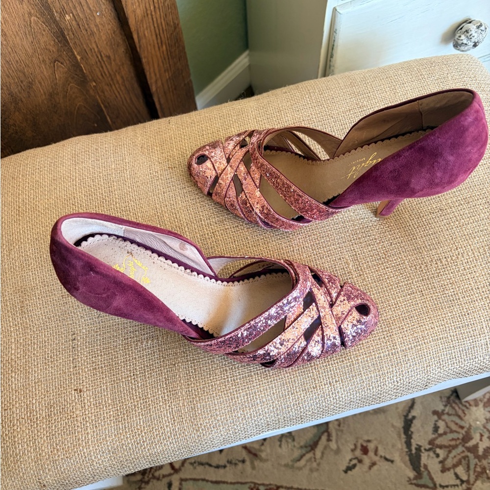 🩷Miss Albright🩷Women's Plum Suede & Rose Gold Glitter Heels - Picture 2 of 9